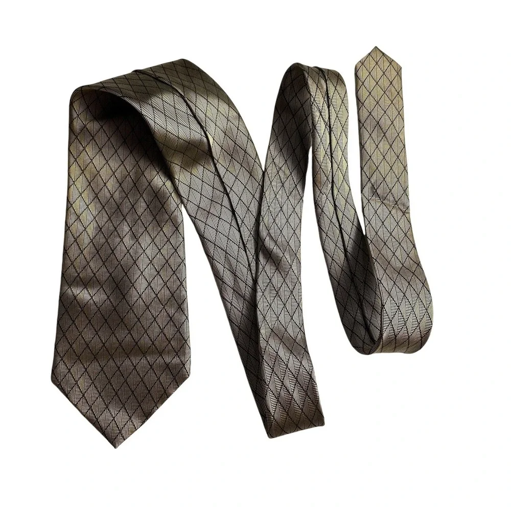 Saxony Collection Mens Tie Silk Necktie 58 Long Gold Brown Geometric Career Work